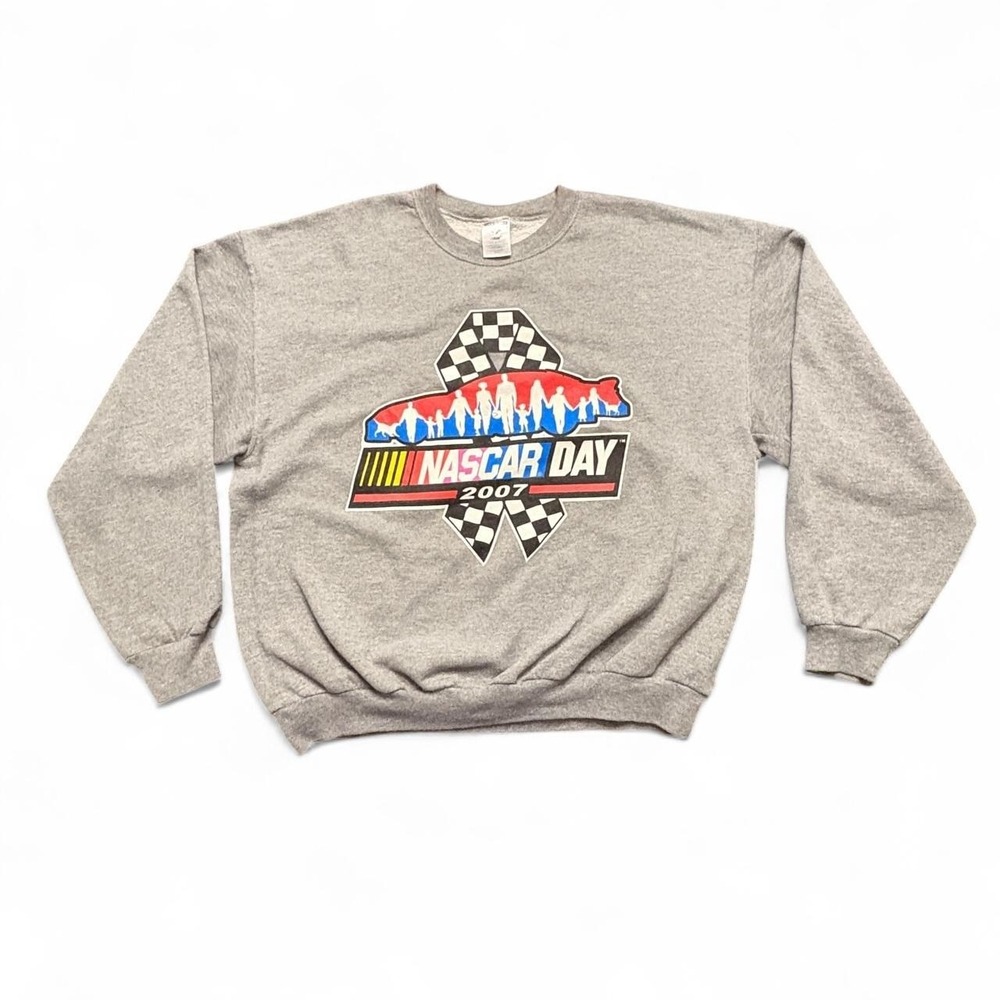 VTG Jerzees 2007 NASCAR Day Mens Size L Puff Print Crewneck Sweatshirt Gray Y2K